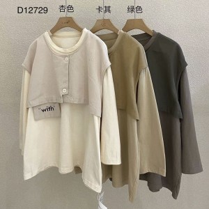 Design flessibile in stile Minimalist Round Collar stile maniche Stitugiato stile Cassual Solid color cotone e lino sovradimensionato personalizzato 12729 False due pezzi Sweatshirts